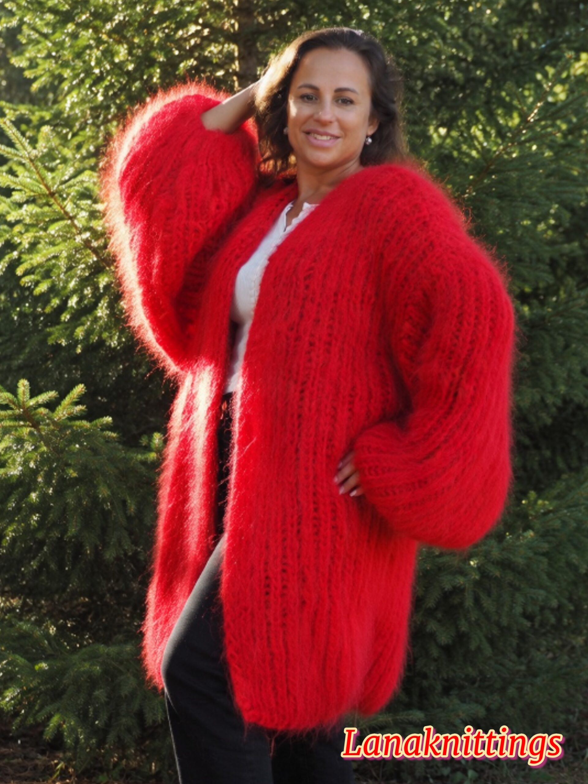 Red Mohair Fuzzy Coat Thick Mohair HandKnitted Handmade by LanaKnittings - Image 14
