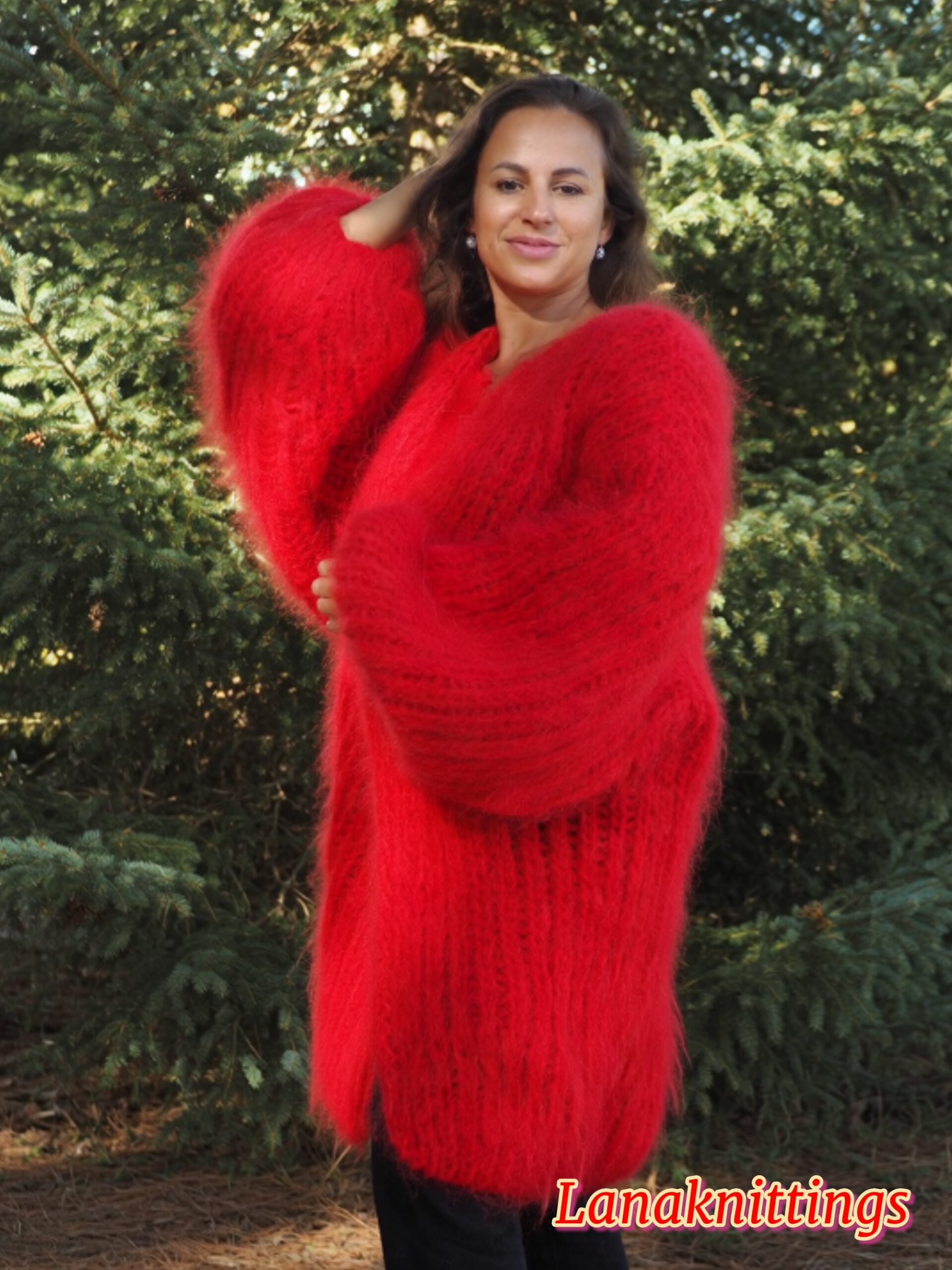 Red Mohair Fuzzy Coat Thick Mohair HandKnitted Handmade by LanaKnittings - Image 15