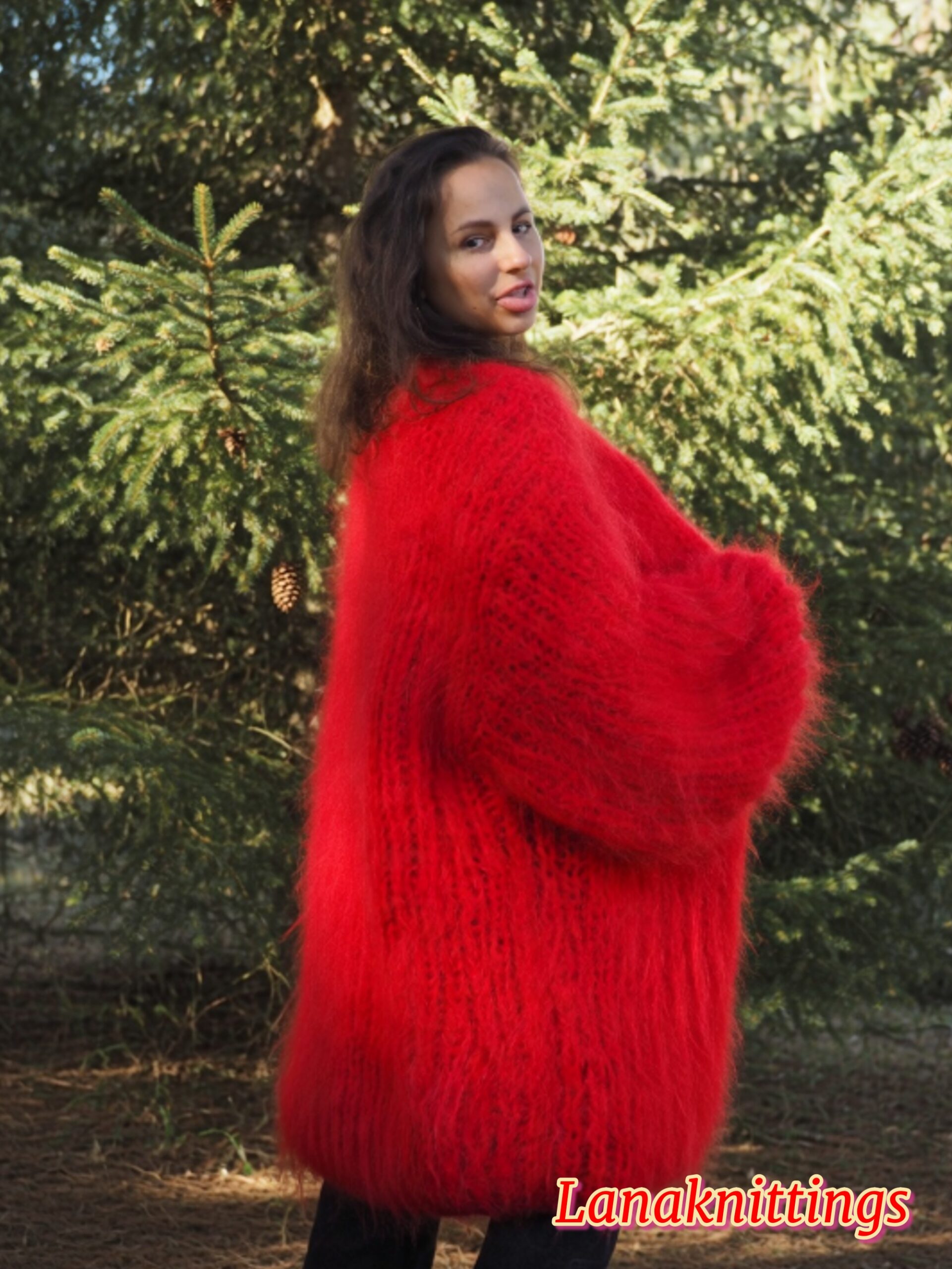 Red Mohair Fuzzy Coat Thick Mohair HandKnitted Handmade by LanaKnittings - Image 16