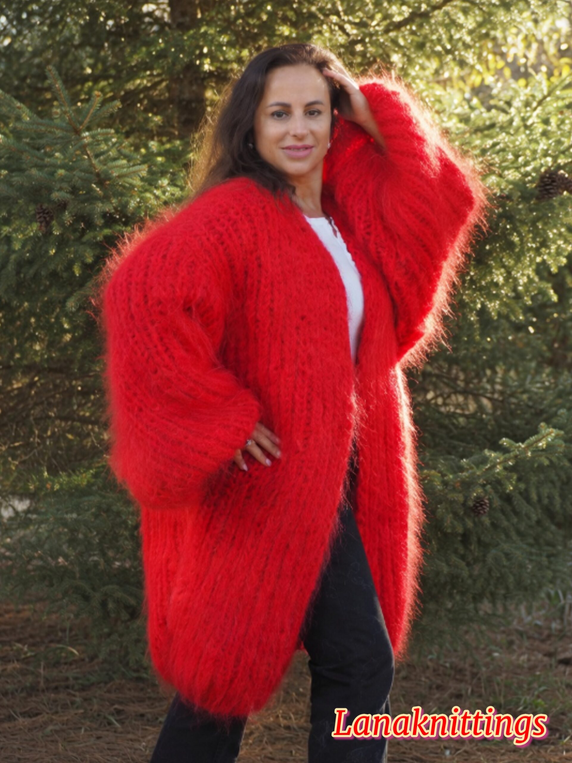 Red Mohair Fuzzy Coat Thick Mohair HandKnitted Handmade by LanaKnittings - Image 3