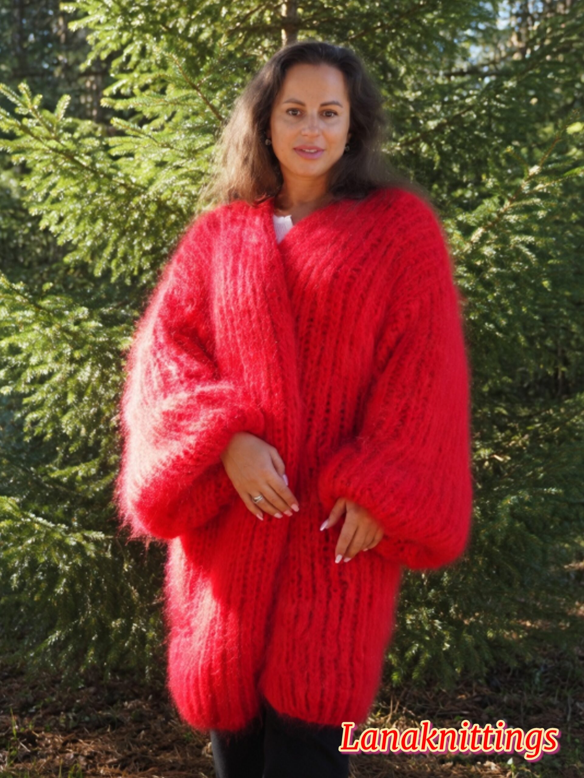 Red Mohair Fuzzy Coat Thick Mohair HandKnitted Handmade by LanaKnittings - Image 17