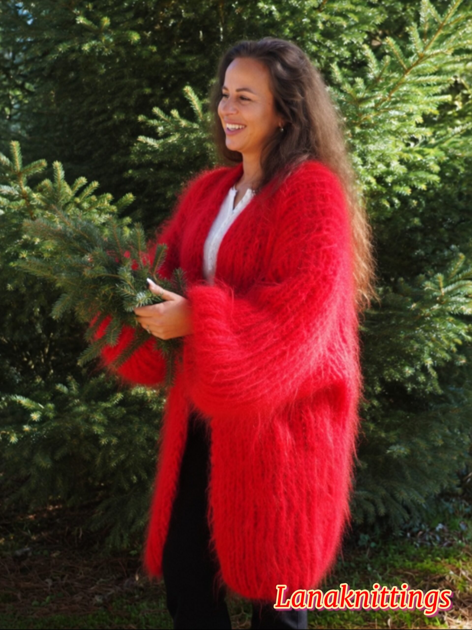 Red Mohair Fuzzy Coat Thick Mohair HandKnitted Handmade by LanaKnittings - Image 2