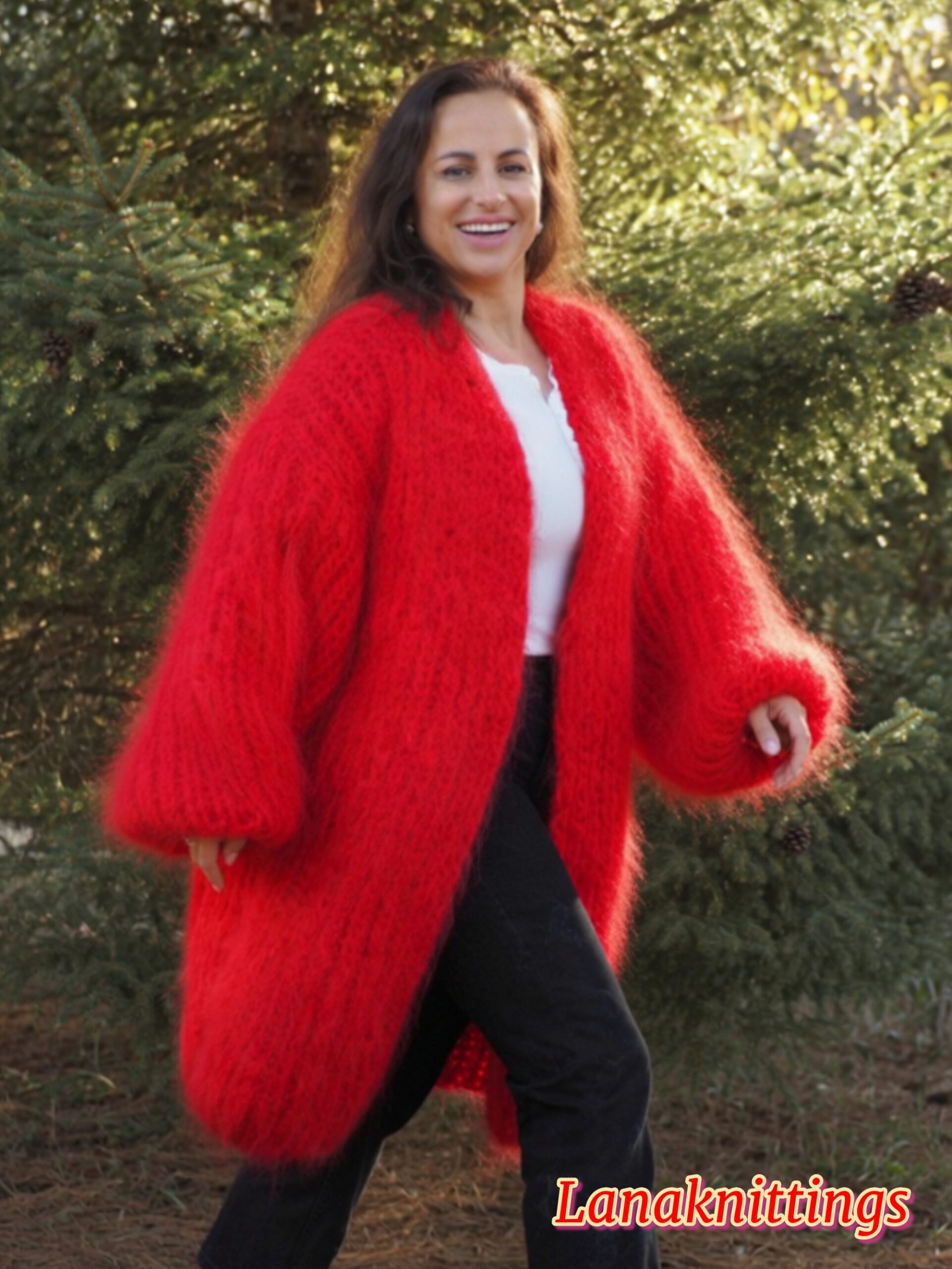 Red Mohair Fuzzy Coat Thick Mohair HandKnitted Handmade by LanaKnittings