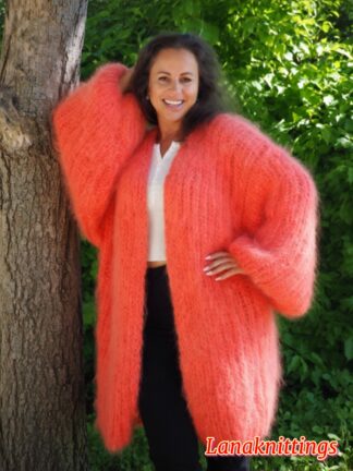 Coral Mohair Fuzzy Coat Thick Mohair HandKnitted Handmade by LanaKnittings