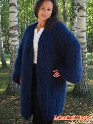 Blue Navy Mohair Fuzzy Coat Thick Mohair HandKnitted Handmade by LanaKnittings