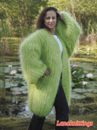 Light Green Mohair Fuzzy Coat Thick Mohair HandKnitted Handmade by LanaKnittings