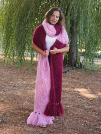 Mohair Scarf Burgundy and Pink Fuzzy HandKnitted by LanaKnittings