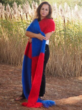 Mohair Scarf Blue and Red Fuzzy HandKnitted by LanaKnittings