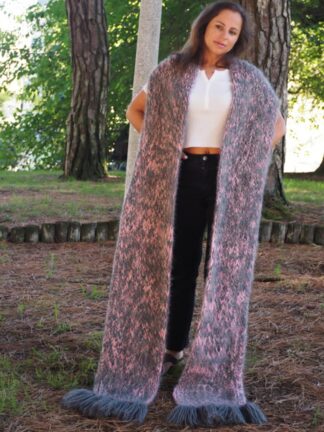 Mohair Scarf Gray and Pink Extra Fuzzy Hot HandKnitted by LanaKnittings