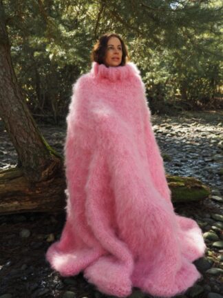 Pink Mohair Long Poncho Extra Fuzzy Soft Handmade Handknitted by Lanaknittings