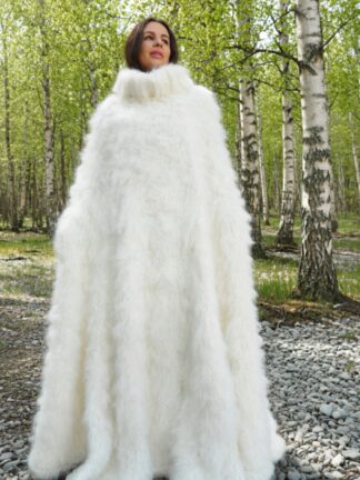 White  Mohair Long Poncho Extra Fuzzy Soft Handmade Handknitted by Lanaknittings