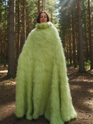 Light Green Mohair Long Poncho Extra Fuzzy Soft Handmade Handknitted by Lanaknittings
