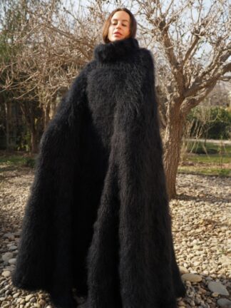 Black Mohair Long Poncho Extra Fuzzy Soft Handmade Handknitted by Lanaknittings