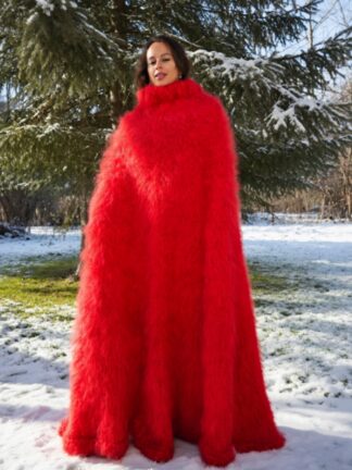 Red Mohair Long Poncho Extra Fuzzy Soft Handmade Handknitted by Lanaknittings