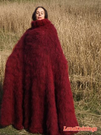 Dark Red Mohair Long Poncho Extra Fuzzy Soft Handmade Handknitted by Lanaknittings