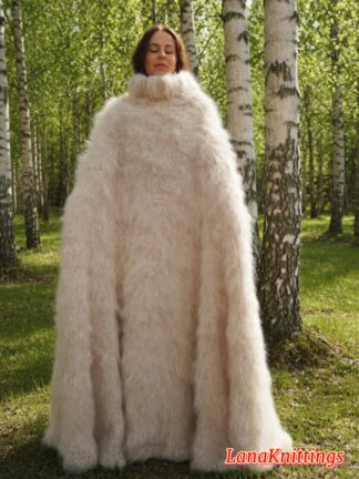 Powder Beige Mohair Long Poncho Extra Fuzzy Soft Handmade Handknitted by Lanaknittings