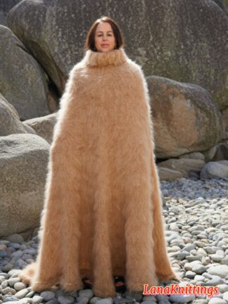 Camel Beige Mohair Long Poncho Extra Fuzzy Soft Handmade Handknitted by Lanaknittings