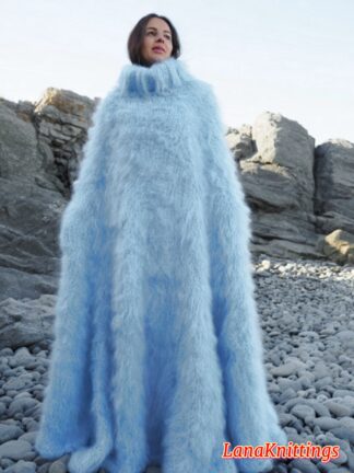 Light Blue Mohair Long Poncho Extra Fuzzy Soft Handmade Handknitted by Lanaknittings