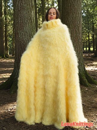 Yellow Mohair Long Poncho Extra Fuzzy Soft Handmade Handknitted by Lanaknittings