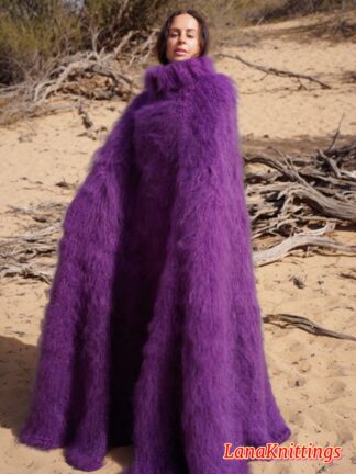 Purple Mohair Long Poncho Extra Fuzzy Soft Handmade Handknitted by Lanaknittings