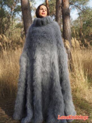 Gray Mohair Long Poncho Extra Fuzzy Soft Handmade Handknitted by Lanaknittings