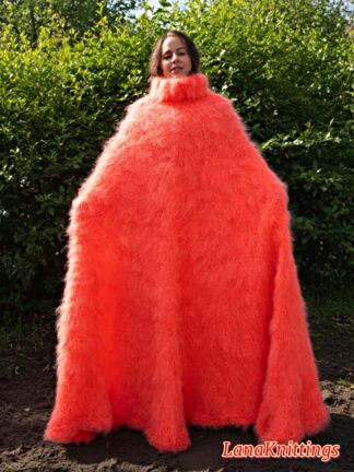Coral Mohair Long Poncho Extra Fuzzy Soft Handmade Handknitted by Lanaknittings