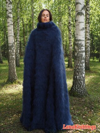 Blue Navy Mohair Long Poncho Extra Fuzzy Soft Handmade Handknitted by Lanaknittings
